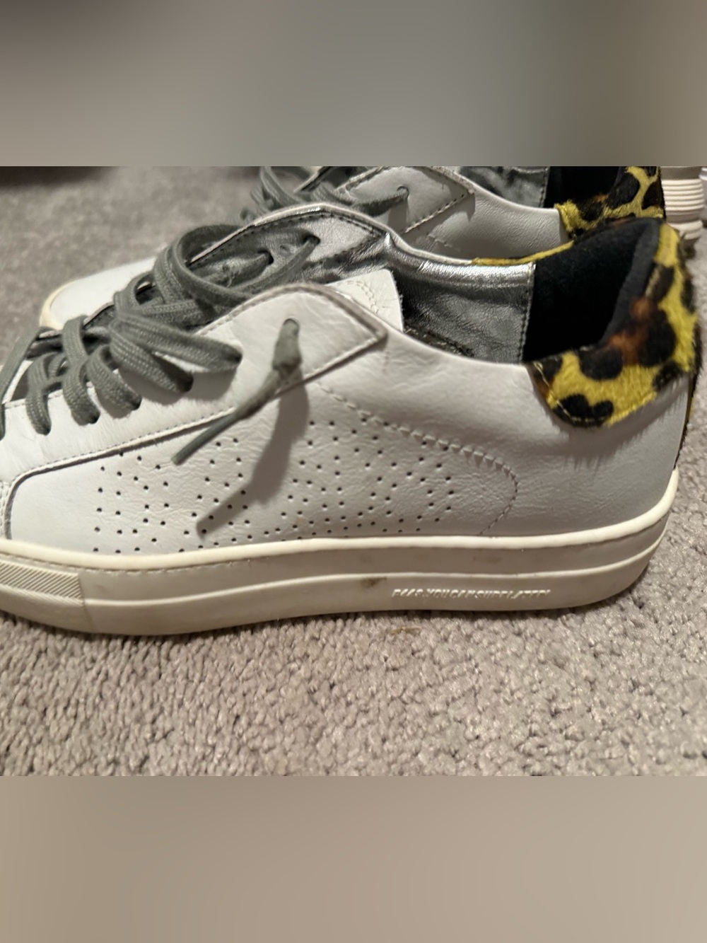 P448 White Sneakers with Gray Laces and Yellow Leopard Heel Accent - Picture 2 of 2